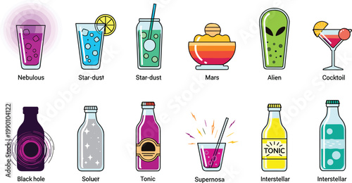 Galactic and Interstellar Space Beverage Vector Icon Set Featuring Nebulous Soda Star Dust Infusion Alien Bubble Tea and Black Hole Extract for Sci-Fi Gaming and UI Design