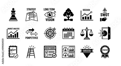 Set of black and white business strategy icons, depicting concepts like market analysis, long-term vision, decision-making, swot analysis, and success, suitable for scalable