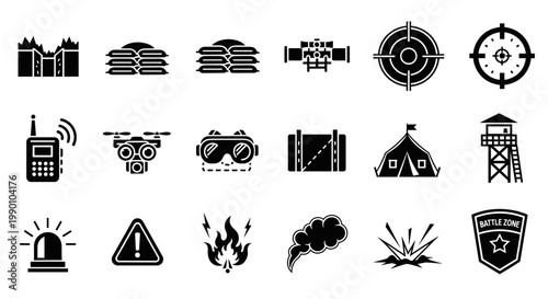 Set of black and white military icons with scalable vector elements. features a fortified castle, sandbags, a scope, a drone, a tent, a watchtower, a warning sign, and a battle