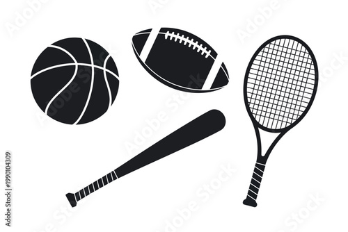 Sports equipment icons set featuring popular sports gear illustrations such as football basketball tennis rackets and fitness equipment for design use