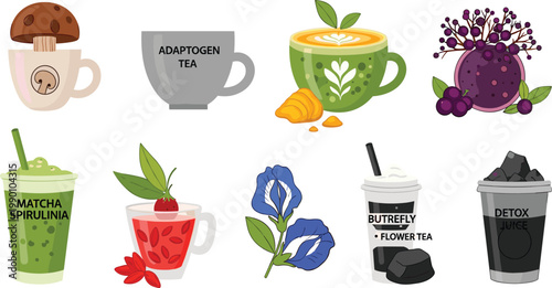 Modern Wellness and Functional Beverage Vector Icon Set Featuring Mushroom Coffee Adaptogen Tea Golden Milk Matcha Spirulina and Butterfly Pea Flower Tea for Health Cafe Menus