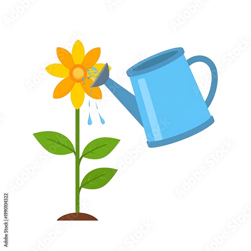 A flower being watered by a blue watering can