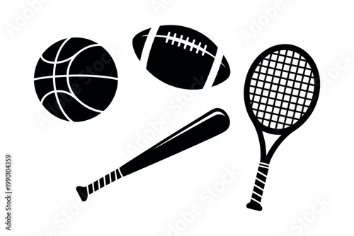 Sports equipment icons collection of popular athletic gear symbols including balls bats rackets helmets and training equipment vector set