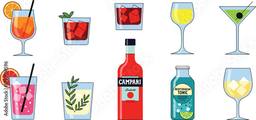 Professional Cocktail and Aperitif Vector Illustration Set Featuring Mixed Drinks, Liquor Bottle, Tonic Water, Garnished Beverages, and Bar Glassware Icons for Menu Design