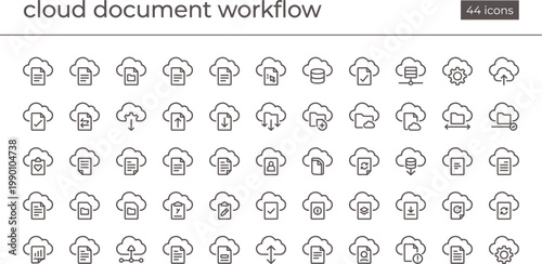 Cloud Document Workflow Icon Set Outline Style with File Storage Sharing Synchronization Backup and Data Management Tools for Apps