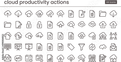 Cloud Productivity Actions Icon Set Outline Style with File Management Sharing Security Automation and Workflow Tools for Apps