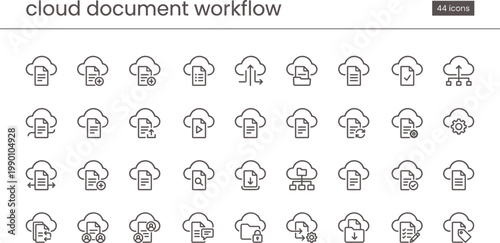 Cloud Document Workflow Outline Icon Set with File Storage Sync Backup Sharing and Data Management Tools for Apps