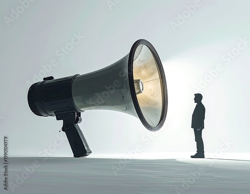 A striking studio shot depicts a large megaphone pointed towards a silhouetted figure, symbolizing communication, announcement, and the power of voice.