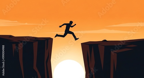 Silhouette of Man Jumping Over Cliff Gap at Sunset