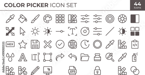 Color Picker Icon Set Outline Style with Palette Tools Selection Controls Design Elements and Graphic Editing Interface for Apps