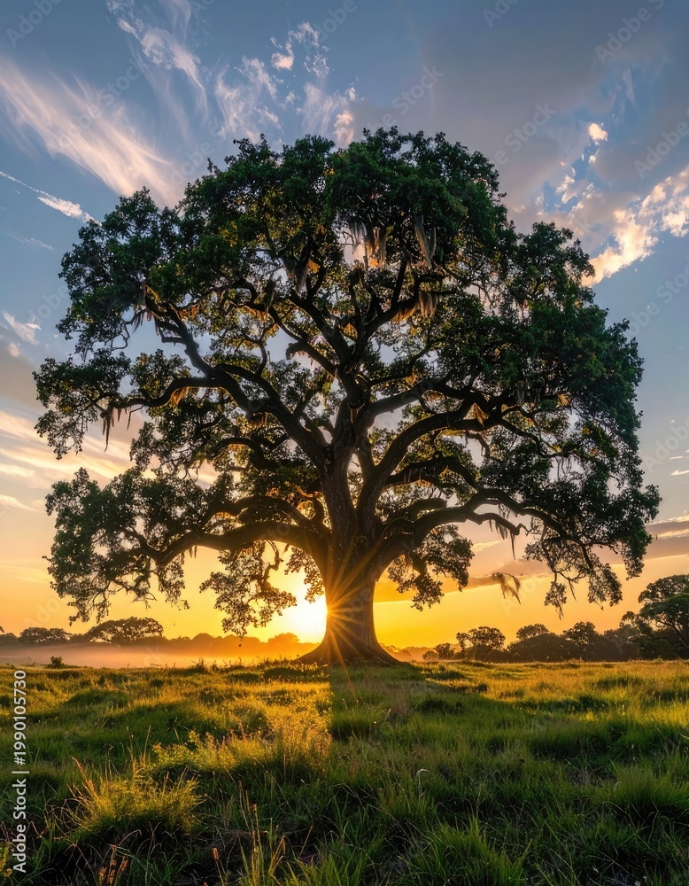 Fototapeta premium A majestic, sprawling oak tree stands silhouetted against a vibrant sunset, its branches adorned with Spanish moss, creating a breathtaking scene of natural beauty and tranquility.