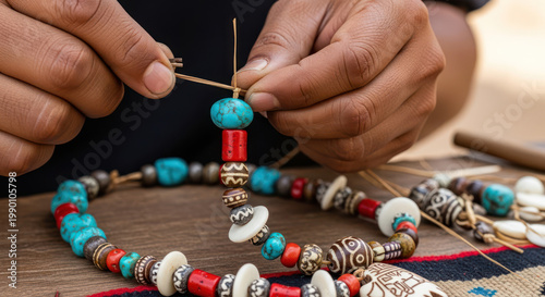 Jewelry Making Hands Threading Colorful Beads Onto a String for Necklace Design