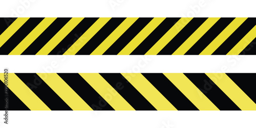 Hazard warning tape stripes yellow and black pattern background caution security barricade. Construction warning barrier element for signage, banners, posters and web design. Vector illustration. 