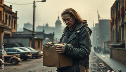 Woman Receiving Delivery in a Cloudy Urban Setting