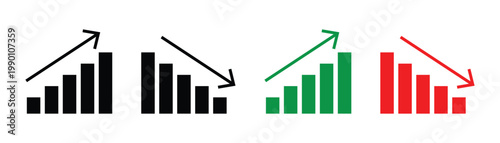 Stock line growth and decrease icon set. Growth up and down. Profit and loss icons whit arrow . Revenue growth and decrease. Line art business graphs set featuring financial growth and decline signs. 
