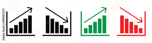 Financial bar chart icons showing rising and falling market trends. Stock market financial trends and business growth line icons set. Business growth and fall graph symbol.  Vector illustration.