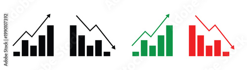 Financial bar chart icons showing rising and falling market trends. Stock market financial trends and business growth line icons set. Business growth and fall graph symbol.  Vector illustration.