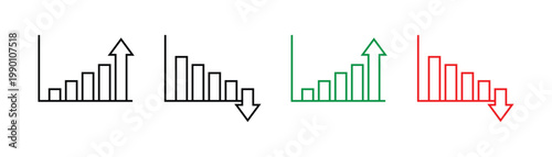 Analytics growth decline arrow icon set for finance charts. Financial increase and decrease arrow icons showing profit and loss money flow and investment trends. Stock increase and decrease vector. 