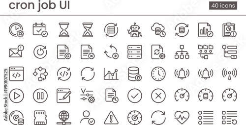 Cron Job UI Icon Set Outline Style with Task Scheduling Automation Monitoring Server Processes and System Management Tools