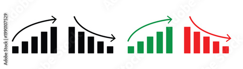 Analytics growth decline arrow icon set for finance charts. Financial increase and decrease arrow icons showing profit and loss money flow and investment trends. Stock increase and decrease vector. 