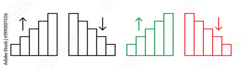 Analytics growth decline arrow icon set for finance charts. Financial increase and decrease arrow icons showing profit and loss money flow and investment trends. Stock increase and decrease vector. 