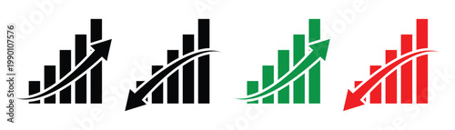 Analytics growth decline arrow icon set for finance charts. Financial increase and decrease arrow icons showing profit and loss money flow and investment trends. Stock increase and decrease vector. 