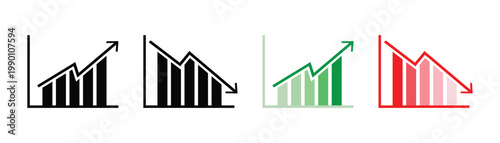Stock increase and decrease icon set. Business growth and fall graph symbols. Stock increase and decrease  icon set isolated on transparent background. Stock increase and decrease vector illustration.