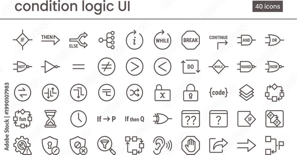 Fototapeta premium Condition Logic UI Outline Icon Set with Programming Flow Control Operators Decisions and Workflow Automation Tools for Apps
