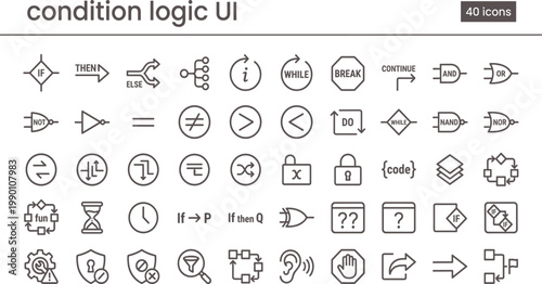 Condition Logic UI Outline Icon Set with Programming Flow Control Operators Decisions and Workflow Automation Tools for Apps