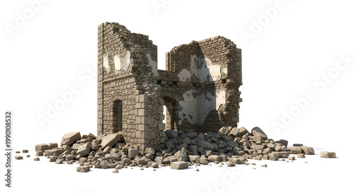 A ruined stone building with rubble on the ground