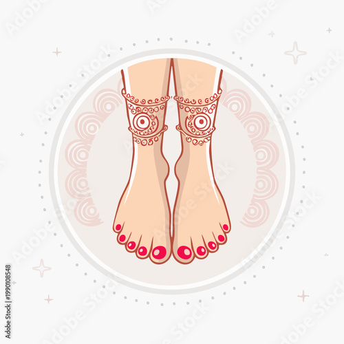 Illustration of female feet adorned with red nail polish and intricate anklets, set against a decorative background.