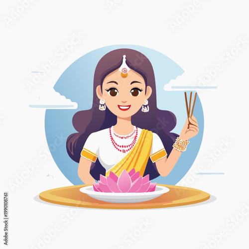 Smiling woman in traditional attire holding incense sticks with a lotus flower offering