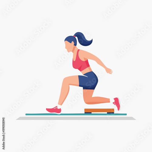 Woman performing a lunge exercise with a step platform, demonstrating fitness and healthy lifestyle