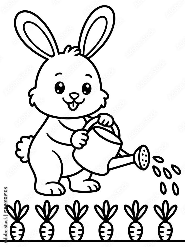Obraz premium Cute Rabbit Gardening: A charming illustration depicts an adorable rabbit tending to a row of carrots with a watering can, embodying the joy of gardening.