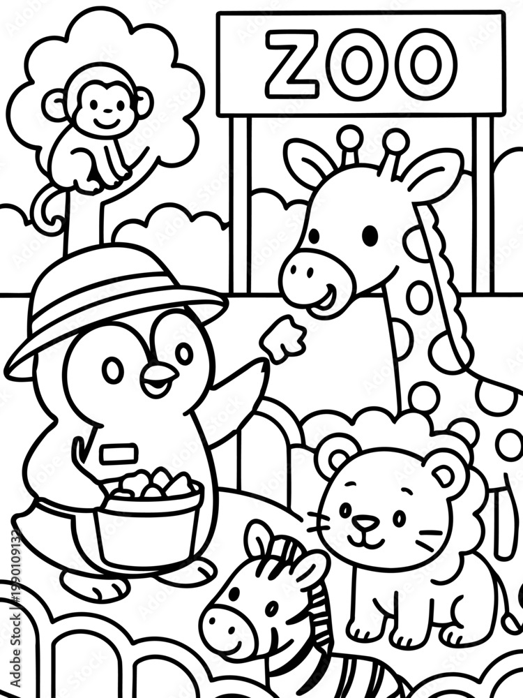 Obraz premium Zoo Adventure: A whimsical illustration of a zoo scene with friendly animals, ideal for children's activities and educational purposes.