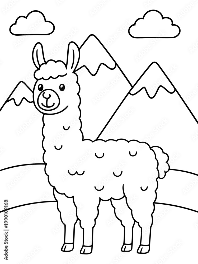 Fototapeta premium Llama in a Mountain Scene: An adorable cartoon illustration of a llama standing proudly against a backdrop of majestic mountains and fluffy clouds.