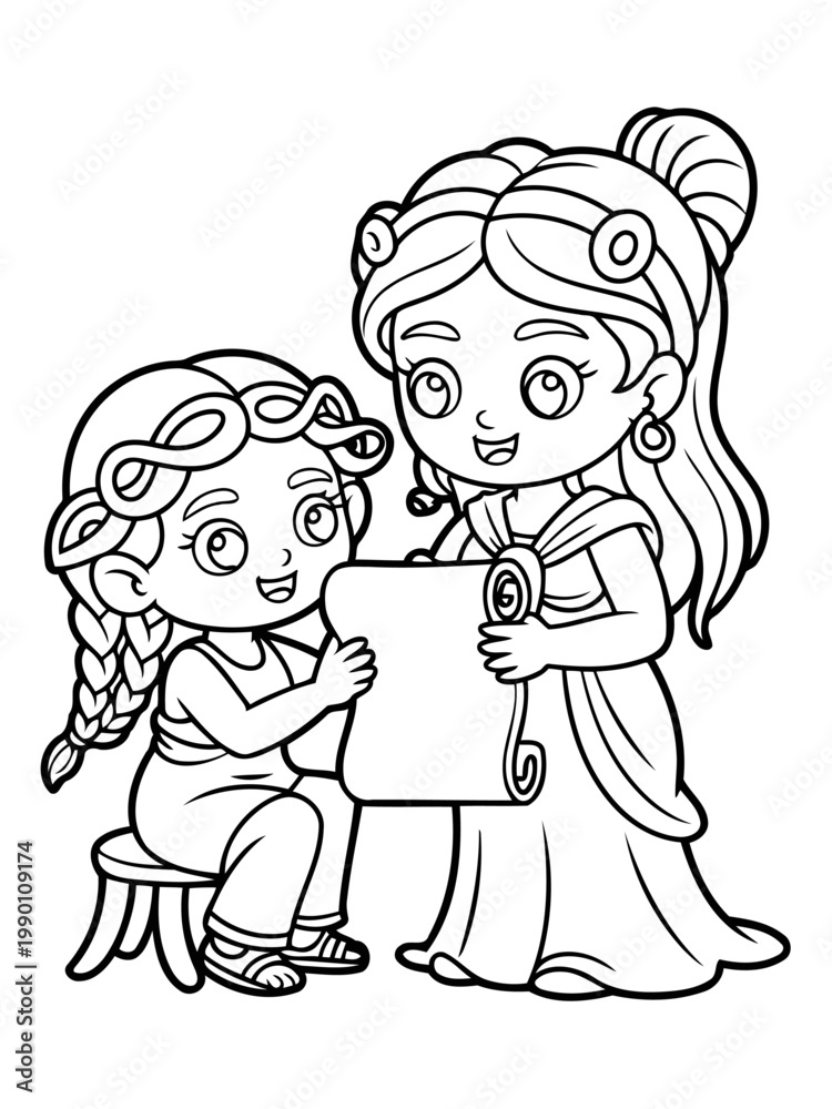 Fototapeta premium Ancient Scholars' Lesson: A charming illustration depicts a teacher and student engaged in a moment of knowledge sharing, their expressions mirroring the enthusiasm of learning.