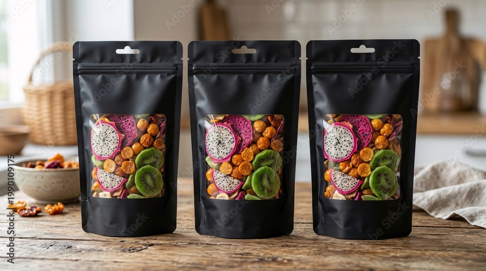 Fototapeta premium Photorealistic packaging mockup features three sleek matte black stand-up pouches with windows revealing dried dragon fruit, golden berries, and kiwi.