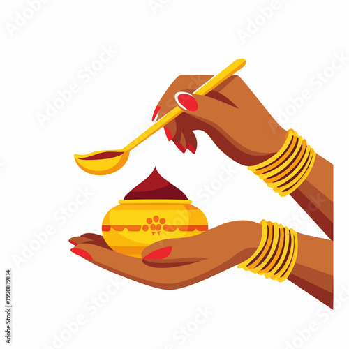 Hands performing a traditional ritual with a golden pot and spoon, symbolizing cultural devotion.