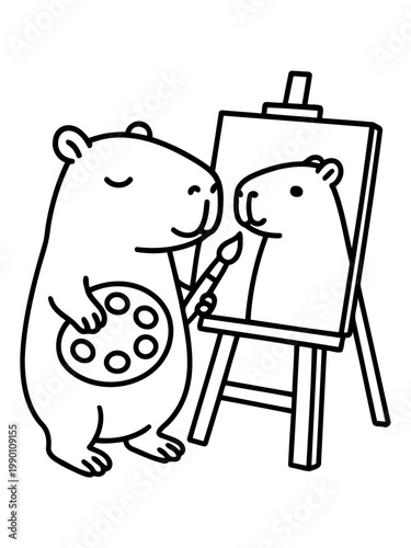 Artistic Self-Portrait: A charming cartoon depiction of a capybara artistically painting a self-portrait on an easel, capturing a moment of creative inspiration.