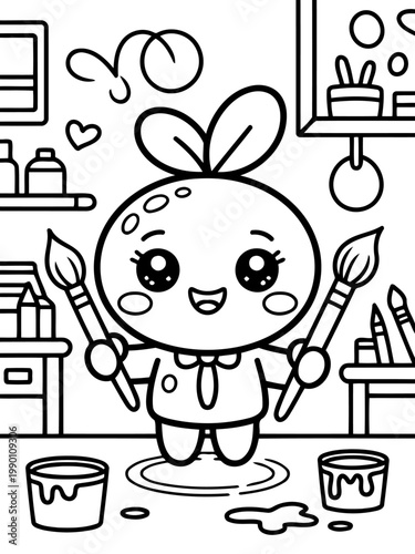 Cute Cartoon Artist: An adorable cartoon character, brimming with creative enthusiasm, stands ready in a vibrant art studio, brandishing paintbrushes, surrounded by paint pots.