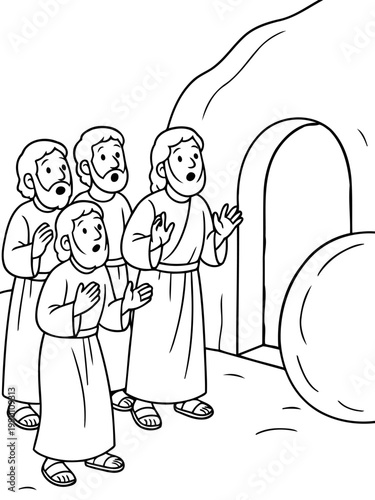 Religious awe: A depiction of a spiritual moment, with figures gathered before a stone opening, their expressions filled with wonder and reverence.