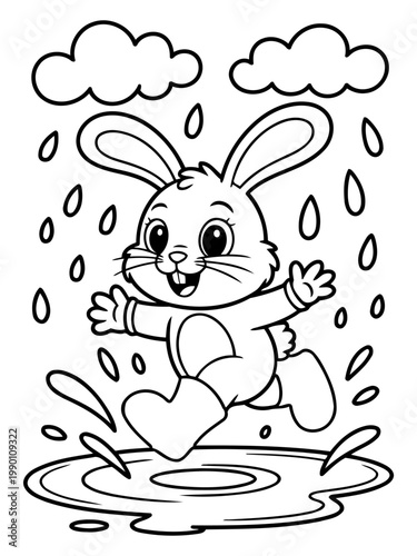 Joyful Bunny in Rain Boots: A delightful cartoon bunny splashes with glee in a puddle, donned in rain boots and joyfully reveling in a rain shower