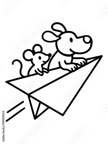 Dog and Mouse Adventure: A cheerful dog and a tiny mouse embark on a whimsical journey aboard a paper airplane, soaring through the sky with joyful hearts.