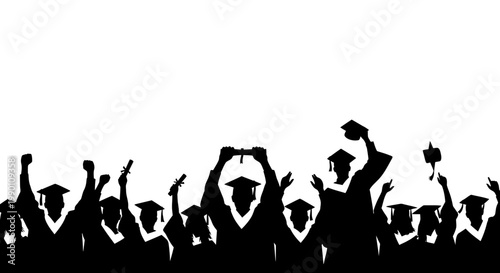 Graduates celebrate with raised hands.