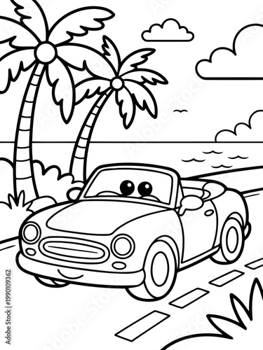 Tropical Car Ride: A cheerful convertible car embarks on a sunny drive along a scenic coastal road. Enjoy the open road with a hint of tropical adventure!