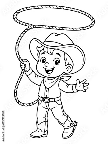 Young Cowboy with Lasso: A charming young cowboy, full of adventurous spirit, confidently twirls a lasso in a captivating illustration, embodying the heart of the Wild West.
