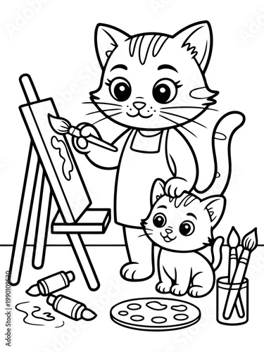 Artistic Feline Family: A heartwarming scene unfolds as a charming cat, wearing an apron, guides its young one through the wonders of painting, capturing a moment of creativity and artistic bonding.