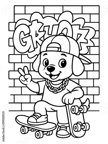 Skater Pup's Street Style: An illustrated pup confidently rocks a skater aesthetic, posing with his board against a vibrant graffiti backdrop, exuding cool vibes.