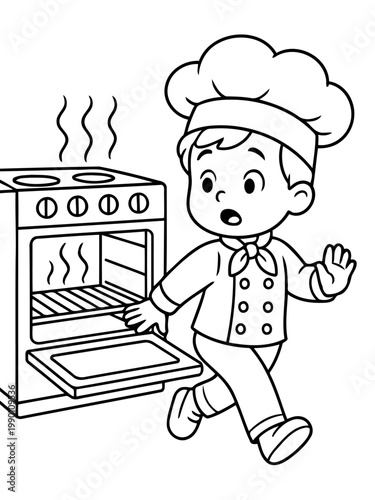 Culinary Adventure: An illustrated young chef, startled by a mishap in the kitchen, reacts to the potential disaster of an overcooked meal. Capturing the spirit of a child's culinary exploration. 